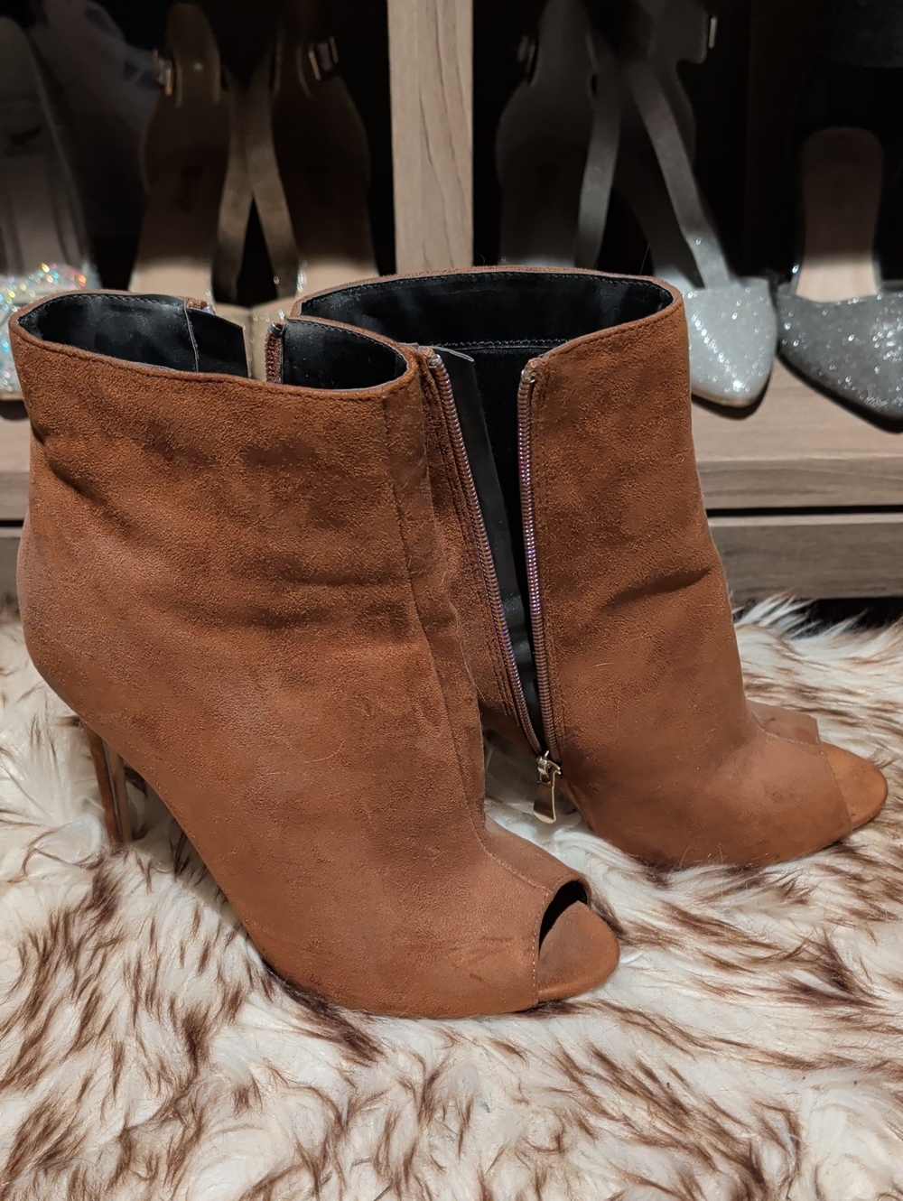 Suede Peep-Toe Ankle Booties in Chestnut Brown